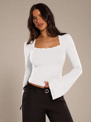 CONTRAST LACE SQUARE NECK FLARE SLEEVE TOP
