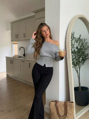SOLID COLOR OBLIQUE SHOULDER BUTTON GRAY TOP AND PANTS