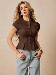 BUTTON CLOSURE LACE TRIM SHORT SLEEVE TOP