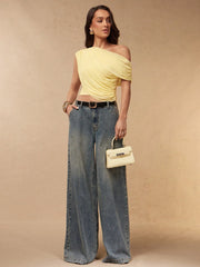 ASYMMETRICAL SHOULDER DRAPE FITTED TOP