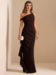 OBLIQUE SHOULDER TWIST KNOT PLEATED HIGH SLIT RUFFLE WRAP LONG DRESS