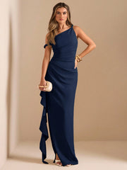 OBLIQUE SHOULDER TWIST KNOT PLEATED HIGH SLIT RUFFLE WRAP LONG DRESS
