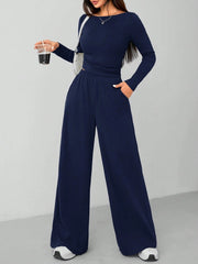 CASUAL 2PCS KNITTED SLIM TOP & WIDE LEG PANTS