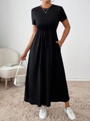 WOMEN'S SOLID CREW NECK TWIST FRONT POCKET SHORT SLEEVE SUMMER DRESS