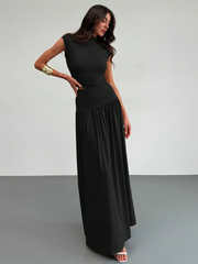 2PCS/SET STAND COLLAR RUCHED BLOUSE AND HIGH WAIST SKIRT SET
